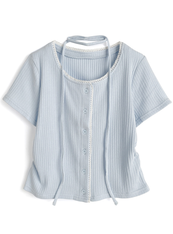 タイ付きレースサイドギャザーリブカーディガン