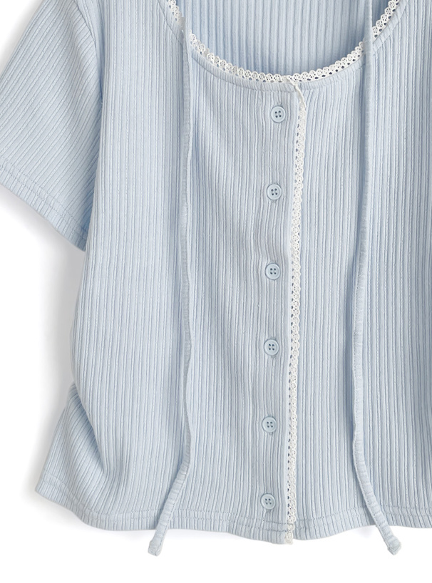 タイ付きレースサイドギャザーリブカーディガン