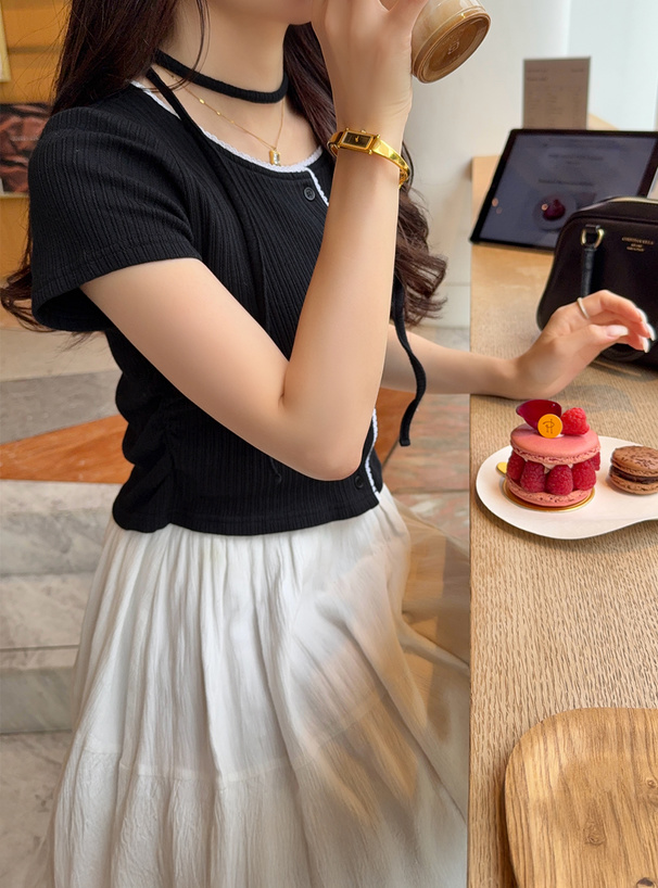 タイ付きレースサイドギャザーリブカーディガン