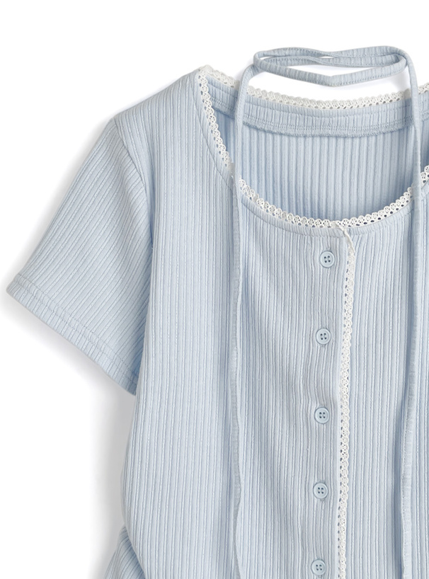 タイ付きレースサイドギャザーリブカーディガン