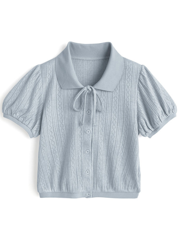 リボンパフスリーブ透かし編みトップス