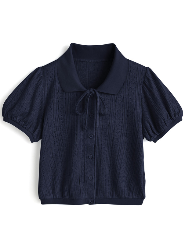 リボンパフスリーブ透かし編みトップス