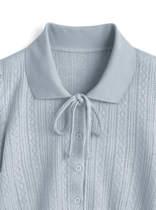 リボンパフスリーブ透かし編みトップス