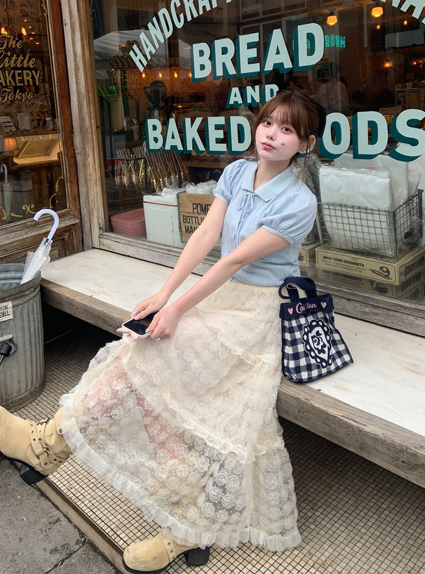 リボンパフスリーブ透かし編みトップス