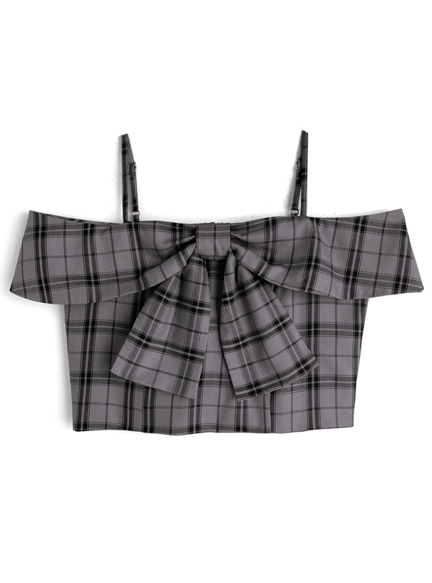 チェック柄リボンオフショルダートップス