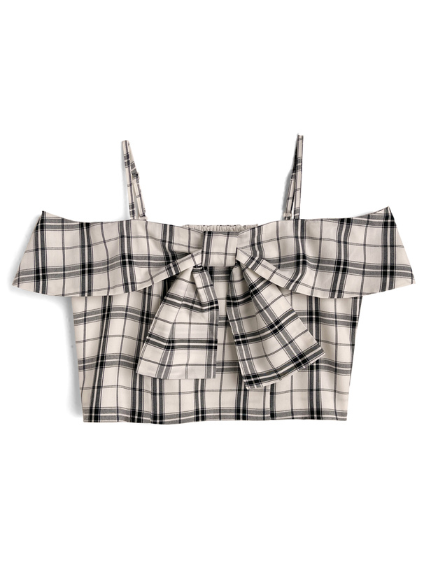 チェック柄リボンオフショルダートップス
