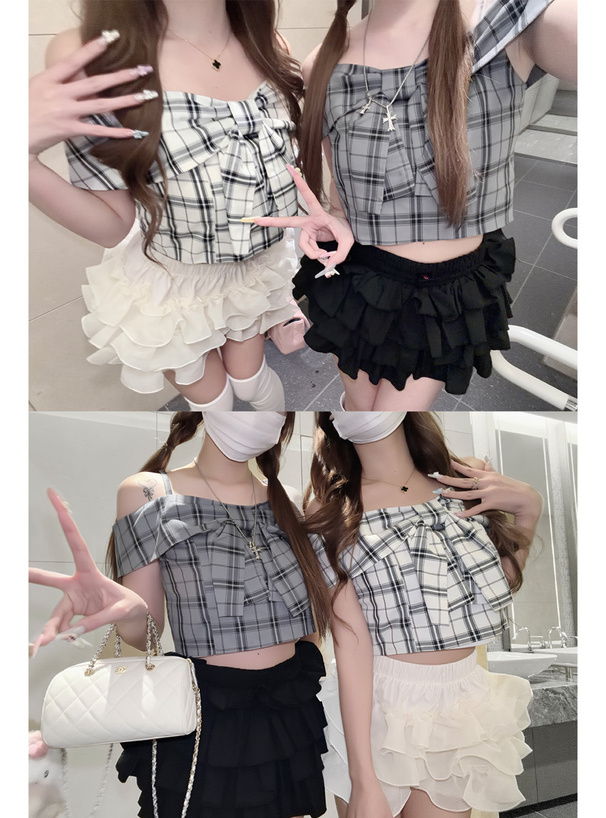 チェック柄リボンオフショルダートップス