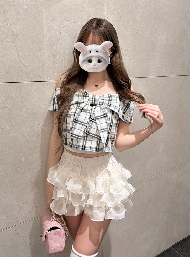 チェック柄リボンオフショルダートップス