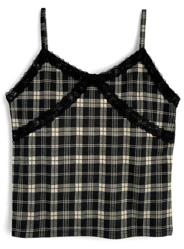 カップ付きチェック柄レースキャミソール