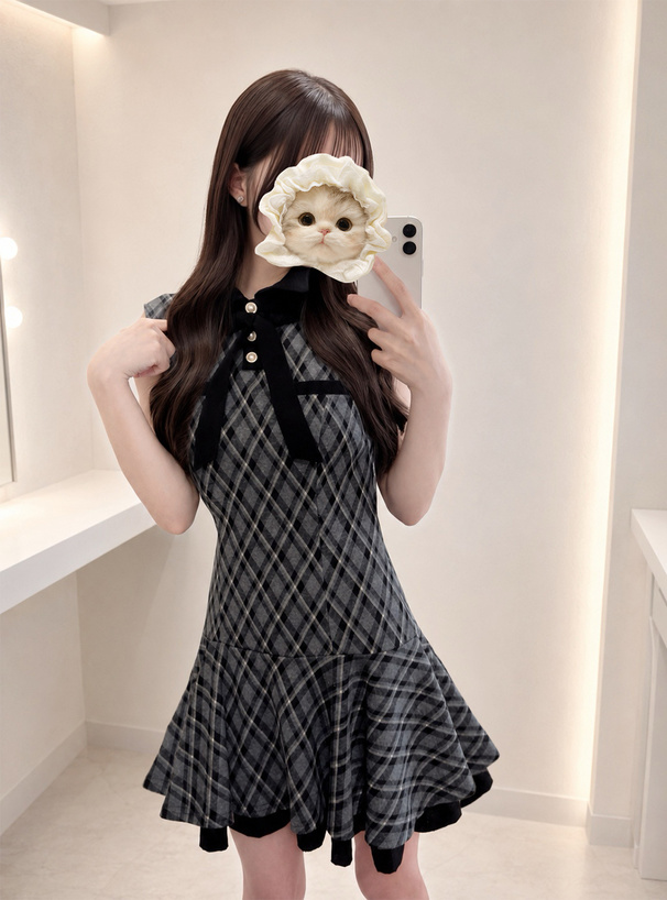 タイ付きチェック柄ノースリーブミニワンピース[dk1674] | レディース