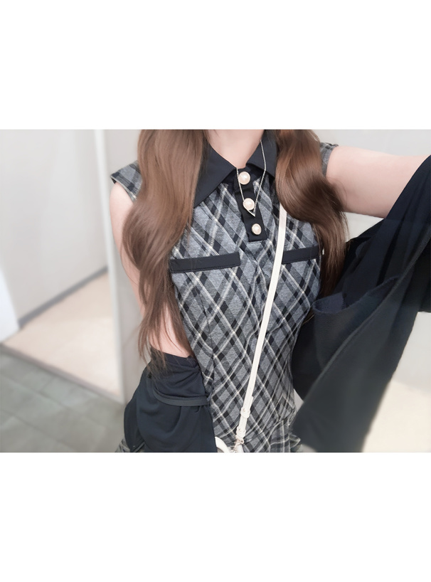 タイ付きチェック柄ノースリーブミニワンピース