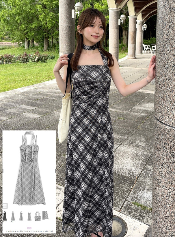 タイ付きチェック柄シアーキャミソールワンピース