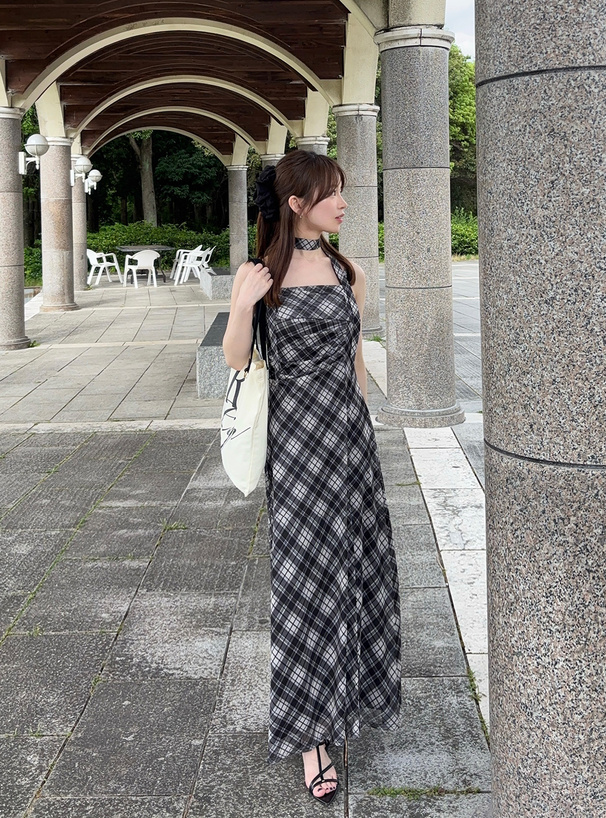 タイ付きチェック柄シアーキャミソールワンピース