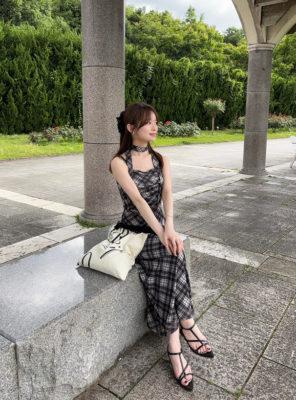 タイ付きチェック柄シアーキャミソールワンピース