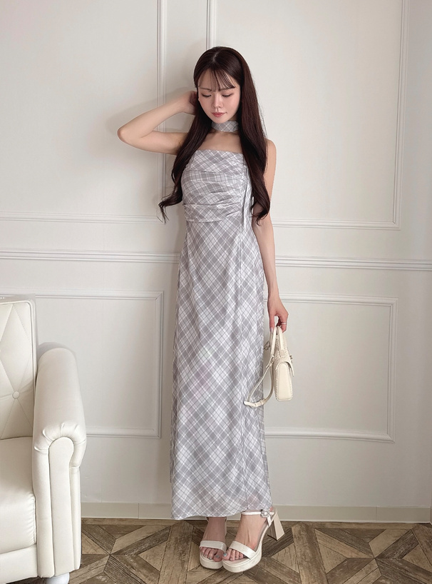 タイ付きチェック柄シアーキャミソールワンピース