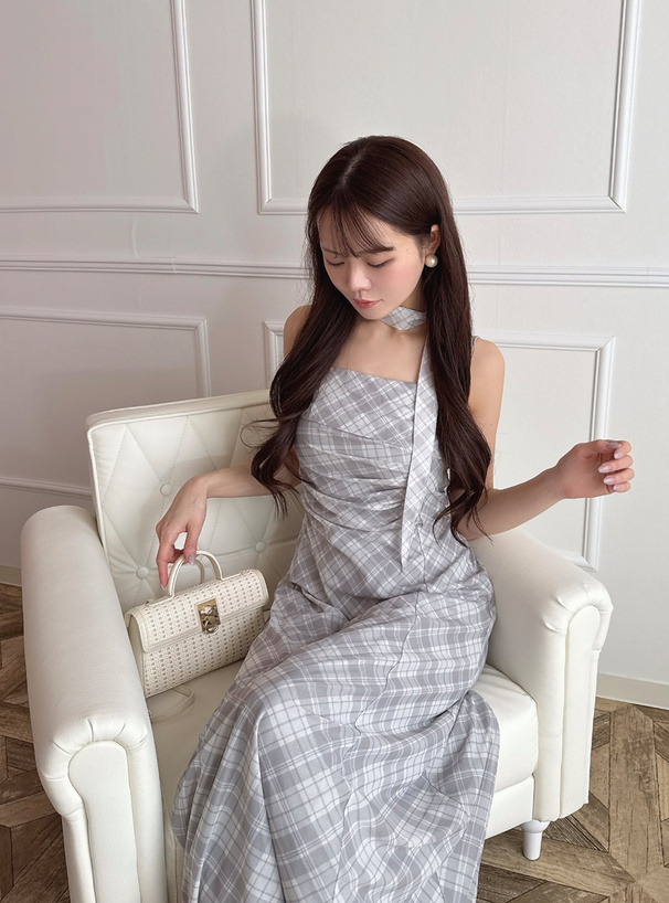 タイ付きチェック柄シアーキャミソールワンピース