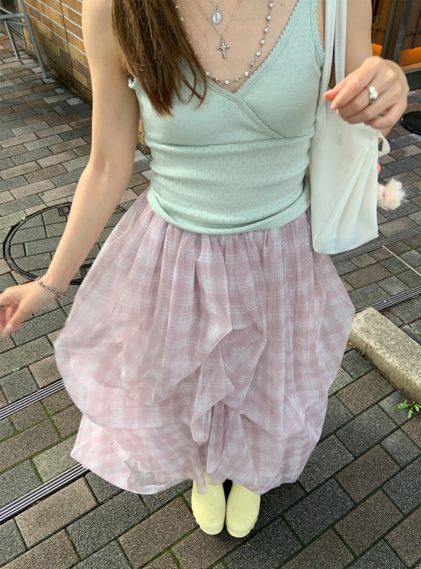 チェック柄バルーンヘムチュールロングスカート