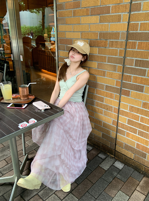 チェック柄バルーンヘムチュールロングスカート