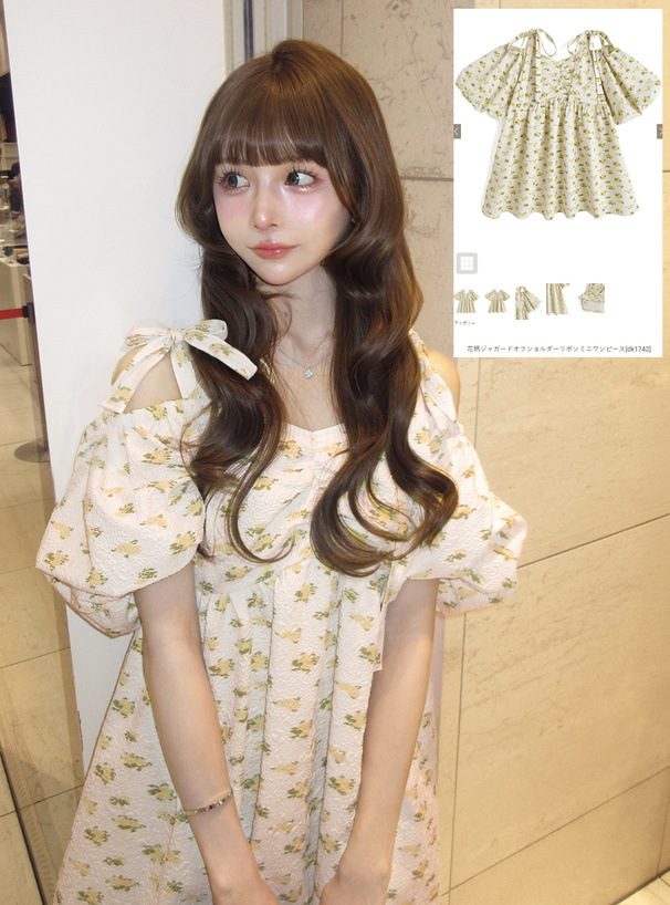 花柄ジャガードオフショルダーリボンミニワンピース[dk1742