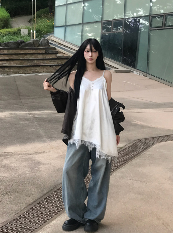 アシンメトリーレースサテンキャミソールチュニック