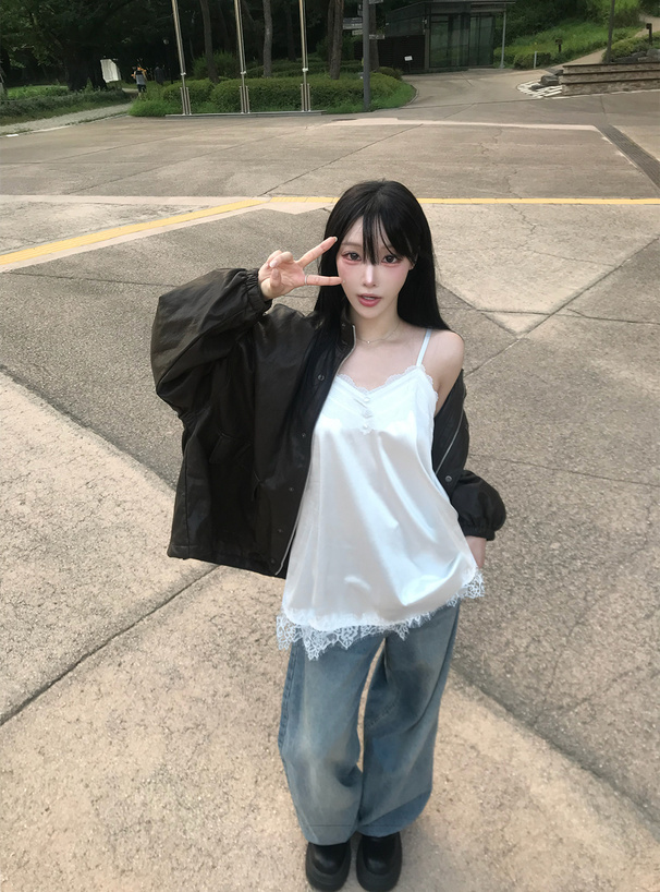 アシンメトリーレースサテンキャミソールチュニック