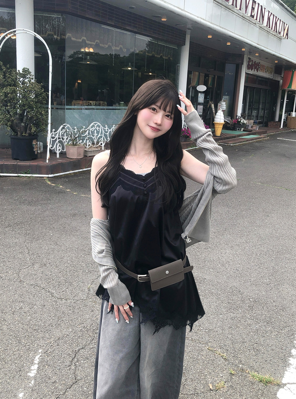 アシンメトリーレースサテンキャミソールチュニック