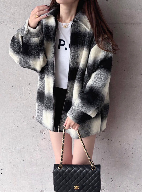 チェック柄ステンカラーシャギーブルゾン[dpk410] | レディース