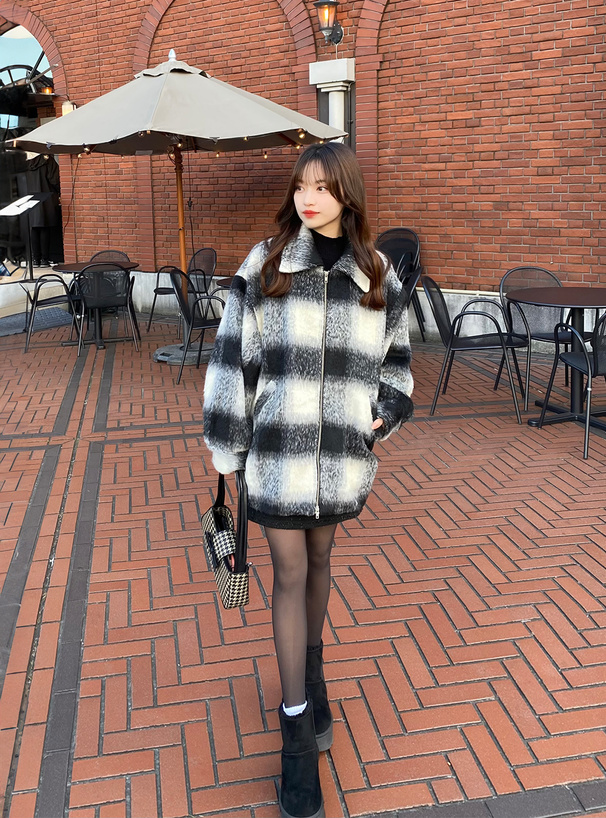 チェック柄ステンカラーシャギーブルゾン[dpk410] | レディース