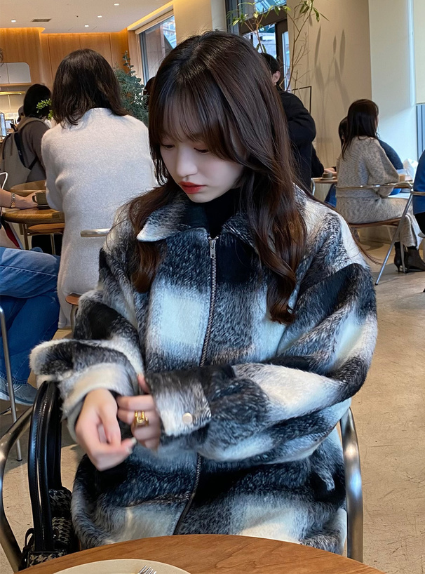 チェック柄ステンカラーシャギーブルゾン[dpk410] | レディース