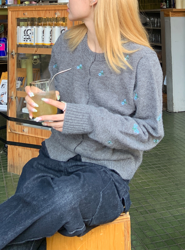 petit main薄紫のフラワー刺繍ドレスとカーディガン 花リボン刺繍