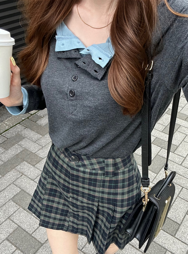 配色レイヤード風ヘンリーネックトップス