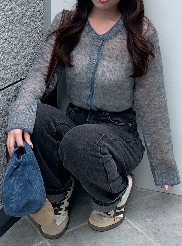 配色透かしニットカーディガン