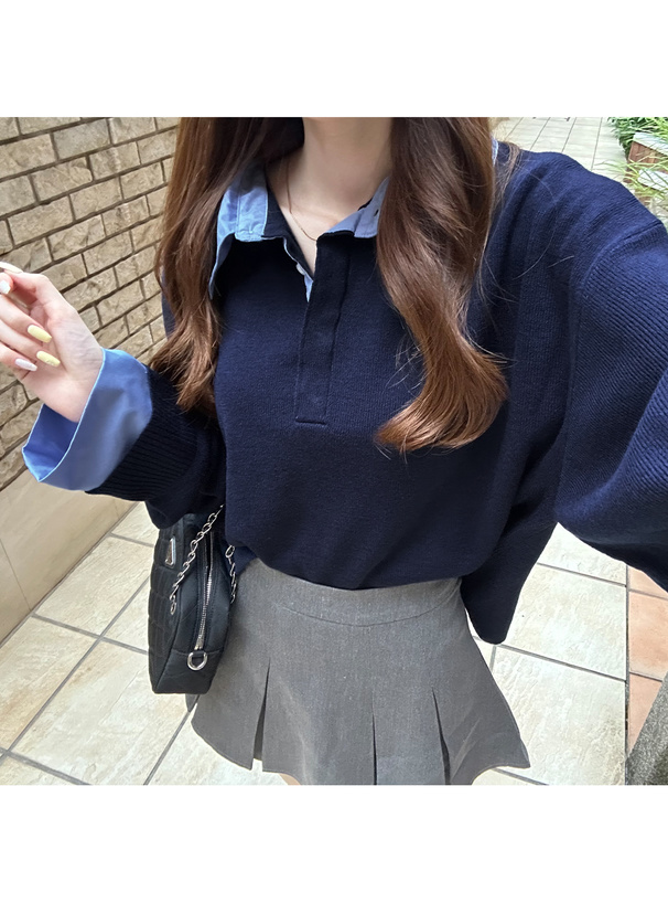 レイヤード風ポロニットトップス[dpk465] | レディースファッション