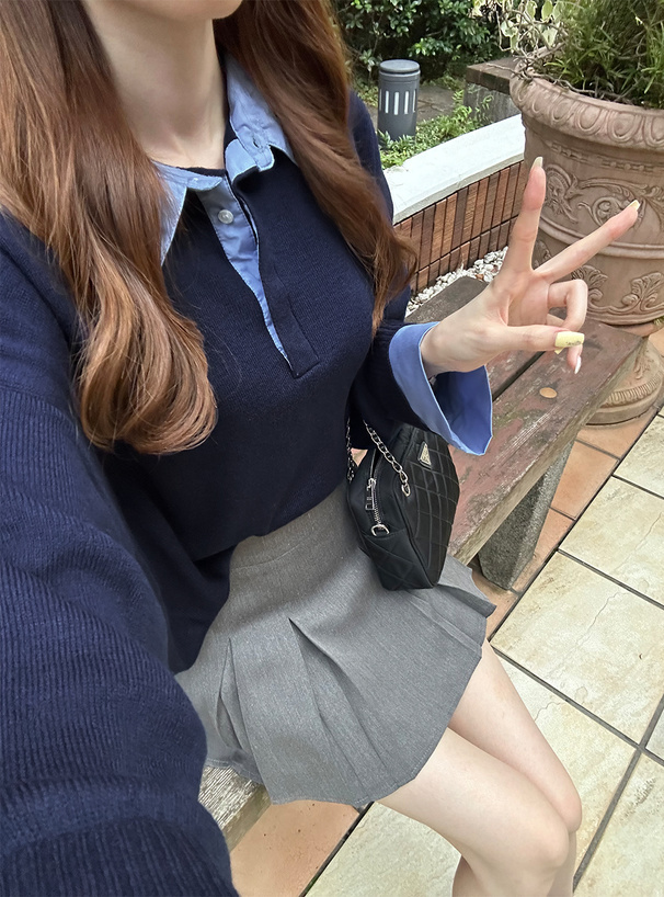 レイヤード風ポロニットトップス