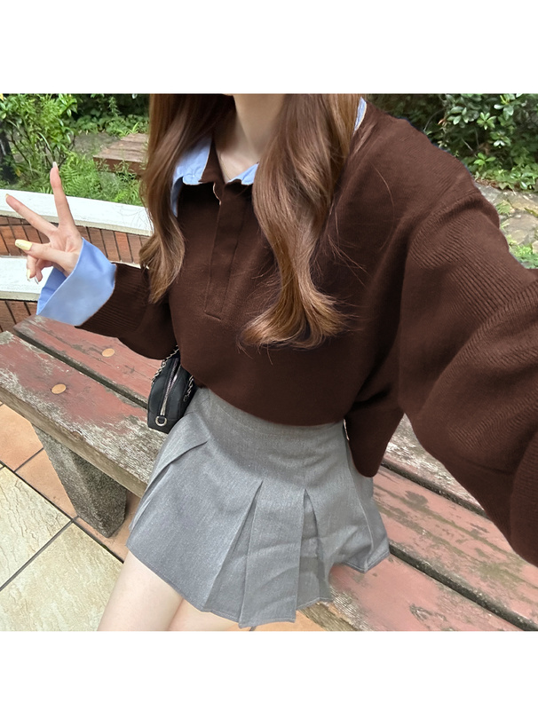 レイヤード風ポロニットトップス