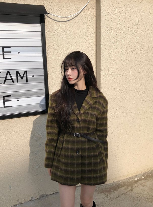 ベルト付きチェック柄シャギージャケット[dpk472] | レディース