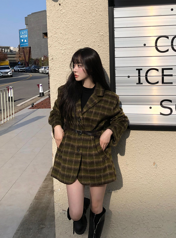 ベルト付きチェック柄シャギージャケット[dpk472] | レディース