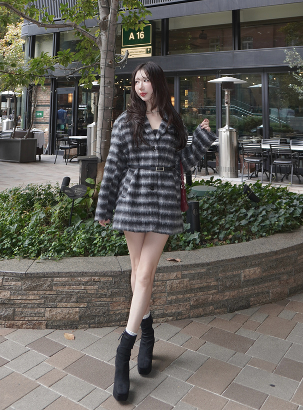 ベルト付きチェック柄シャギージャケット[dpk472] | レディース