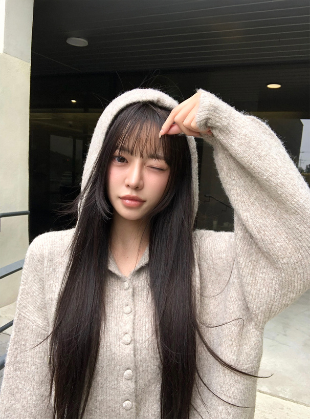 フード付きニットカーディガン