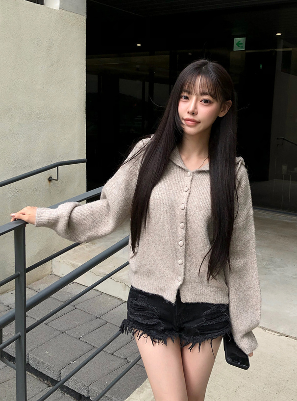 フード付きニットカーディガン