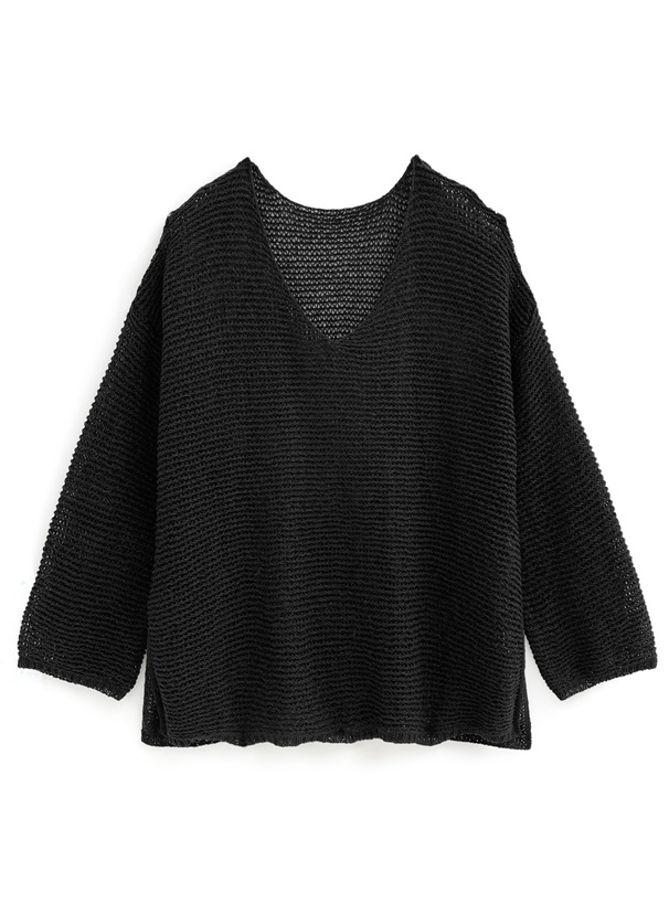 メッシュ編みVネックスリットニットトップス