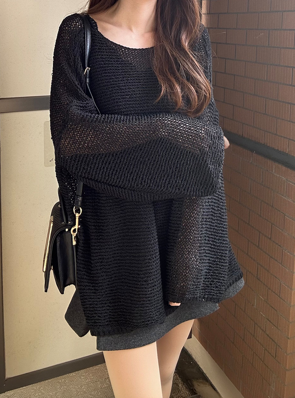 メッシュ編みVネックスリットニットトップス