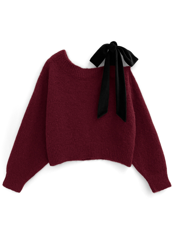 ベロアリボンワンショルダーニットトップス
