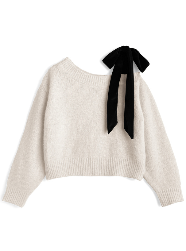 ベロアリボンワンショルダーニットトップス