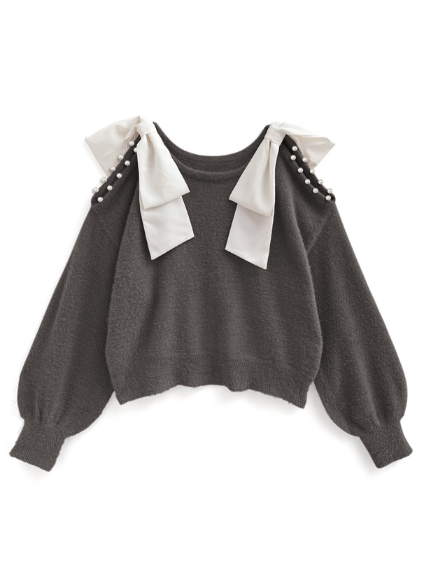 オープンショルダーリボンパールニットトップス
