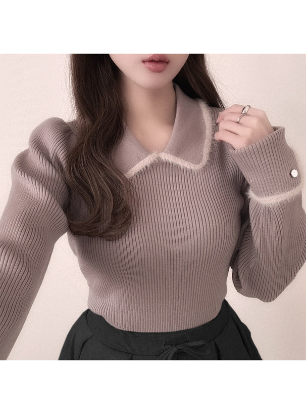 フェザーパイピングカラーリブニットトップス