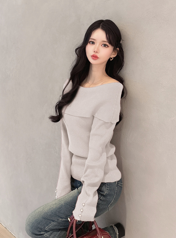 パールボタンオフショルダーリブニットトップス