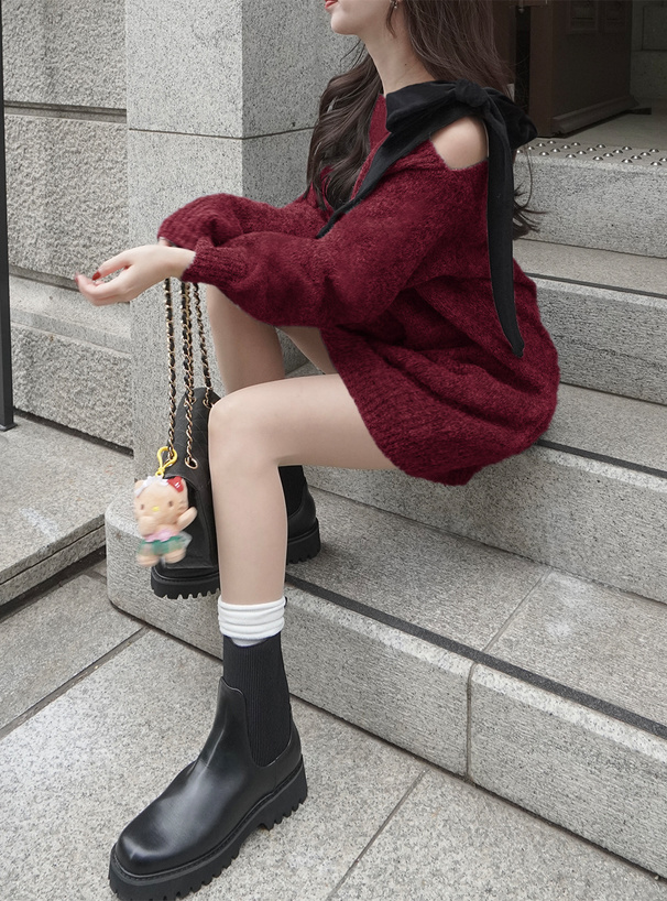 ワンショルダーベロアリボンニットミニワンピース