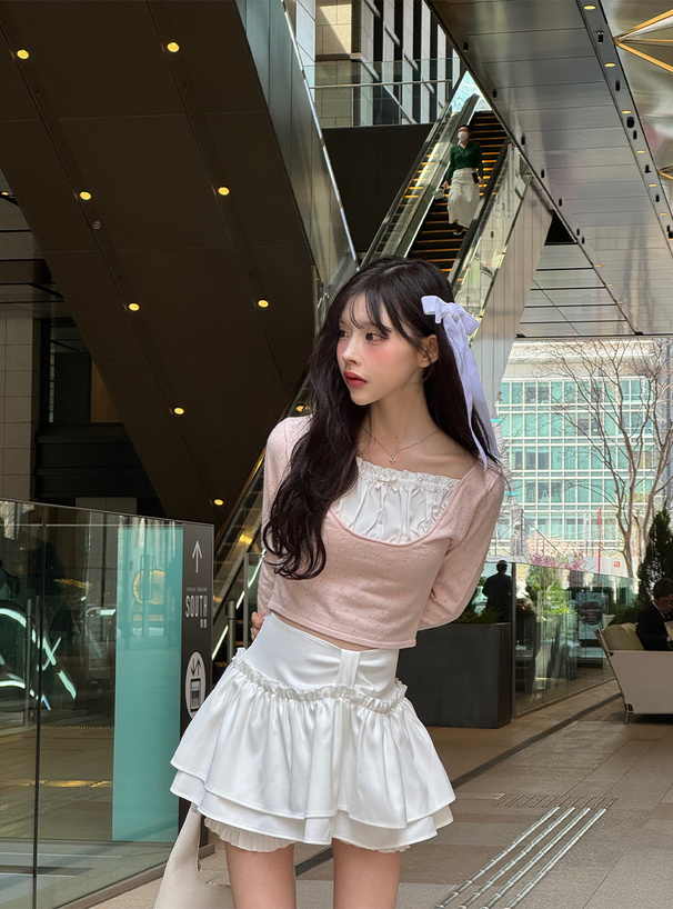 フリルリボンドッキングニットトップス