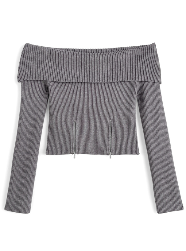 ジップデザインオフショルダーニットトップス